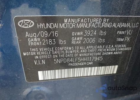 2017 Hyundai Elantra Se/Value/Limited из США, поврежденный, VIN 5NPD84LF5HH117945